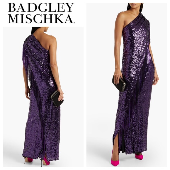 Badgley Mischka One-Shoulder Fringe Sequin Gown